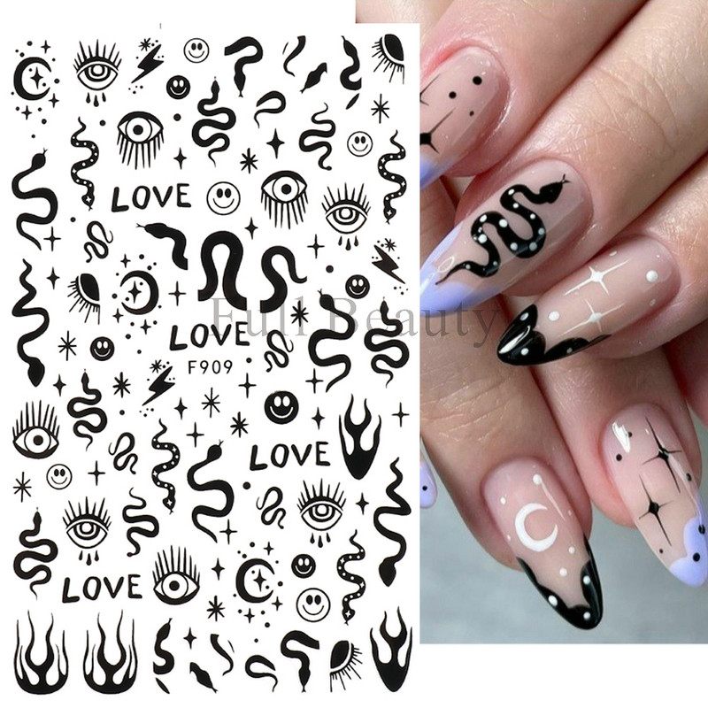 Evil Eyes Snake Küünekleebised Must Valged Liugurid küüntele Tähed Kuu Tähtkuju Kaunistused Lehed Lilled Kleebised NLF909