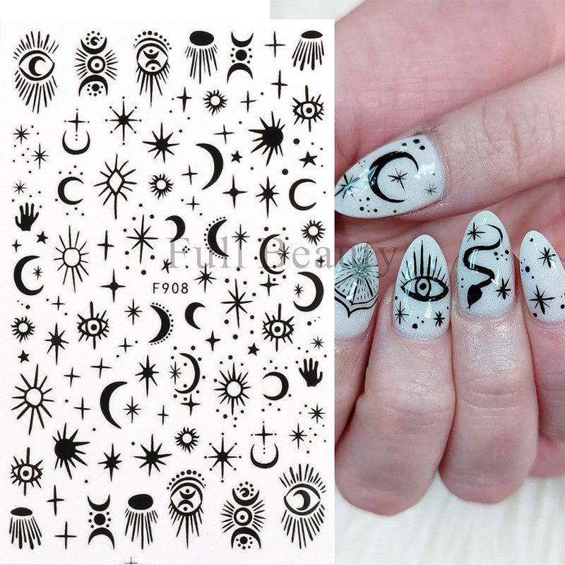 Evil Eyes Snake Küünekleebised Must Valged Liugurid küüntele Tähed Kuu Tähtkuju Kaunistused Lehed Lilled Kleebised NLF909
