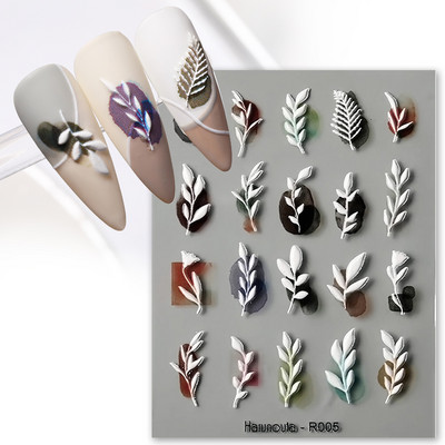 Harunouta Autocolante de unghii în relief 5D Alb Crin din vale Linii de frunze de lalele Autocolante de lac cu gel pentru flori de nuntă Glisor gravat