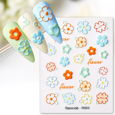 Harunouta Autocolante de unghii în relief 5D Alb Crin din vale Linii de frunze de lalele Autocolante de lac cu gel pentru flori de nuntă Glisor gravat