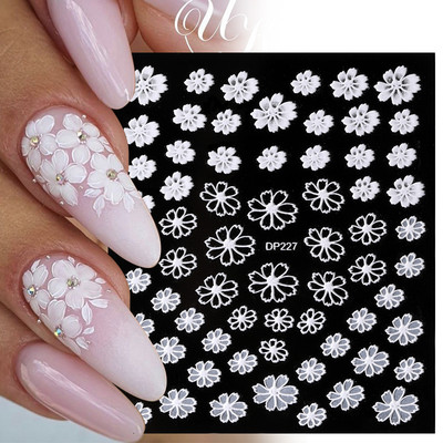 Harunouta Autocolante de unghii în relief 5D Alb Crin din vale Linii de frunze de lalele Autocolante de lac cu gel pentru flori de nuntă Glisor gravat