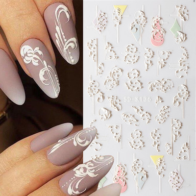 Harunouta Autocolante de unghii în relief 5D Alb Crin din vale Linii de frunze de lalele Autocolante de lac cu gel pentru flori de nuntă Glisor gravat