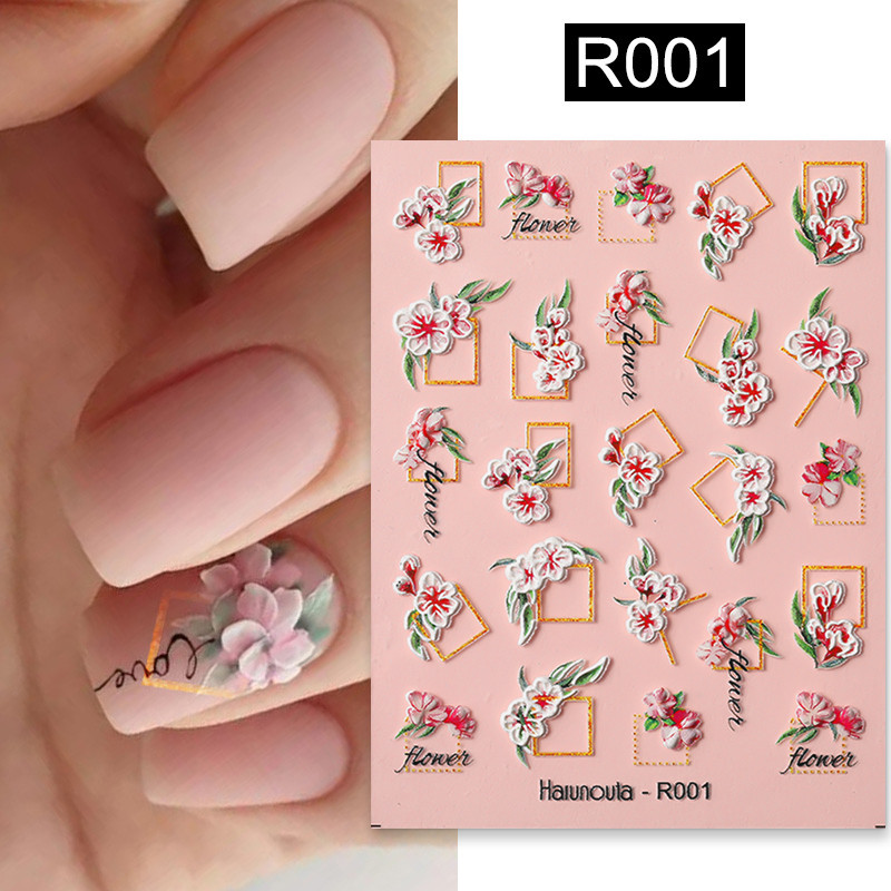 Harunouta Autocolante de unghii în relief 5D Alb Crin din vale Linii de frunze de lalele Autocolante de lac cu gel pentru flori de nuntă Glisor gravat