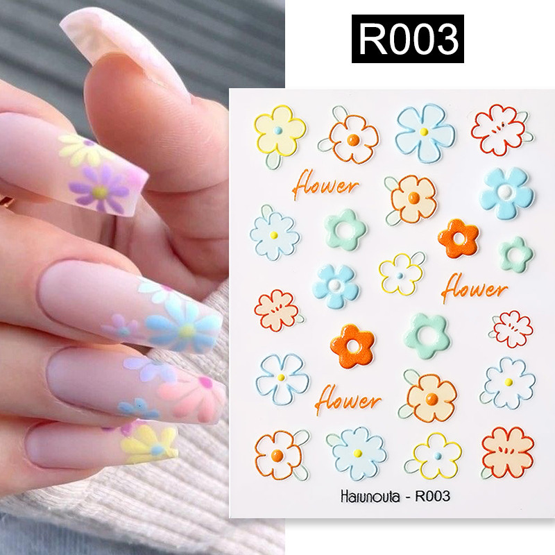 Harunouta Autocolante de unghii în relief 5D Alb Crin din vale Linii de frunze de lalele Autocolante de lac cu gel pentru flori de nuntă Glisor gravat