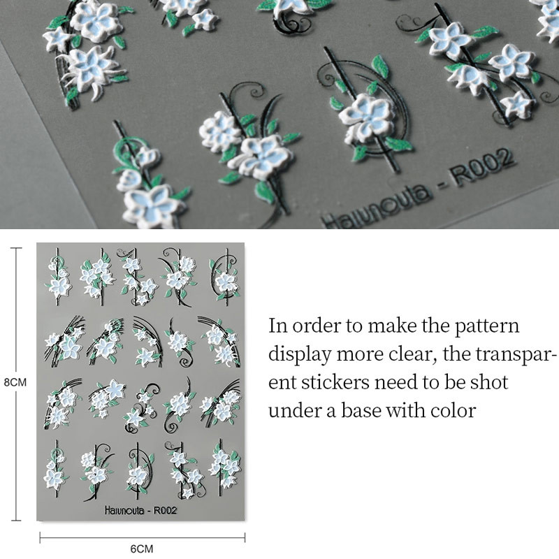Harunouta Autocolante de unghii în relief 5D Alb Crin din vale Linii de frunze de lalele Autocolante de lac cu gel pentru flori de nuntă Glisor gravat