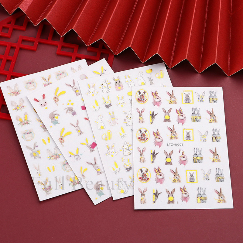 3D klizači za zečiće Nail Art Zlatno bronzing naljepnice Slatki crtani zečevi cvjetovi Naljepnice za nokte 2023 Dekoracija za manikuru LASTZ-D005