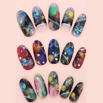 3D космически стикери за нокти Planet Nail Charms Звезди Galaxy Foils Цветни фойерверки Плъзгачи Акварелни цветя Декорация GLDP1396