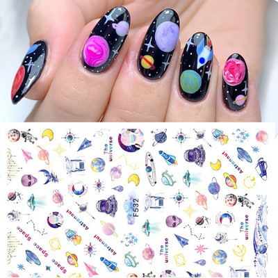 3D Space αυτοκόλλητα νυχιών Planet Nail Charms Stars Galaxy Foils Πολύχρωμα συρόμενα πυροτεχνήματα Ακουαρέλα Λουλούδια Διακόσμηση GLDP1396
