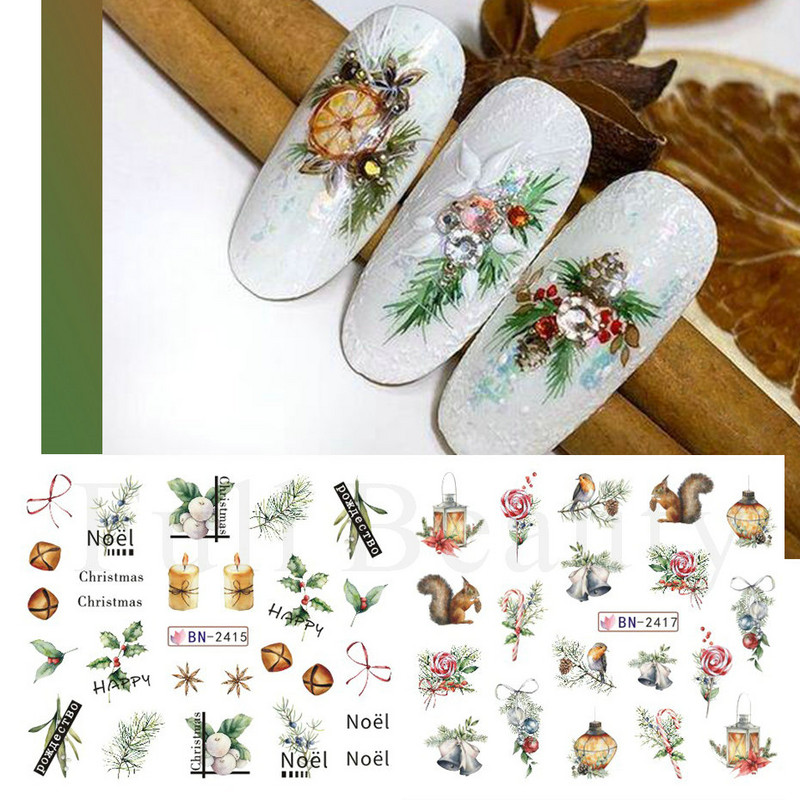 Pühade küüned Veeülekande kleebised Uusaasta Disain Kleebised Jõulupuu Hirve Kingitused Talvine maniküüri kaunistus CHBN2413-2424