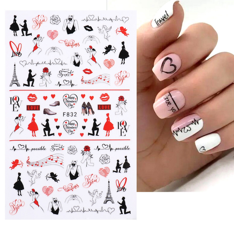 1 buc. Autocolante din folie 3D pentru unghii, inimă de Valentine, cu litere de dragoste, design drăguț, glisoare de desene animate, autocolante, ambalaje decorative cu gel NFF830-835