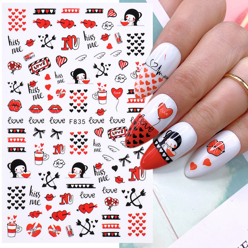 1 buc. Autocolante din folie 3D pentru unghii, inimă de Valentine, cu litere de dragoste, design drăguț, glisoare de desene animate, autocolante, ambalaje decorative cu gel NFF830-835
