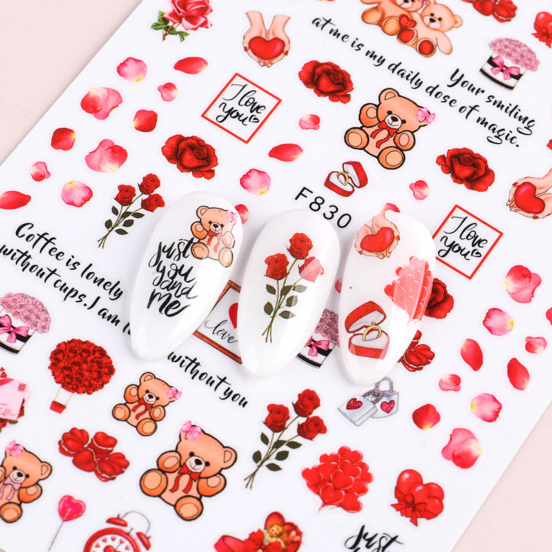 1 buc. Autocolante din folie 3D pentru unghii, inimă de Valentine, cu litere de dragoste, design drăguț, glisoare de desene animate, autocolante, ambalaje decorative cu gel NFF830-835