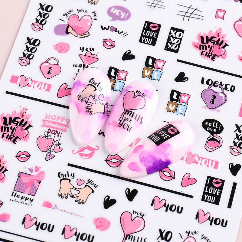 1 buc. Autocolante din folie 3D pentru unghii, inimă de Valentine, cu litere de dragoste, design drăguț, glisoare de desene animate, autocolante, ambalaje decorative cu gel NFF830-835
