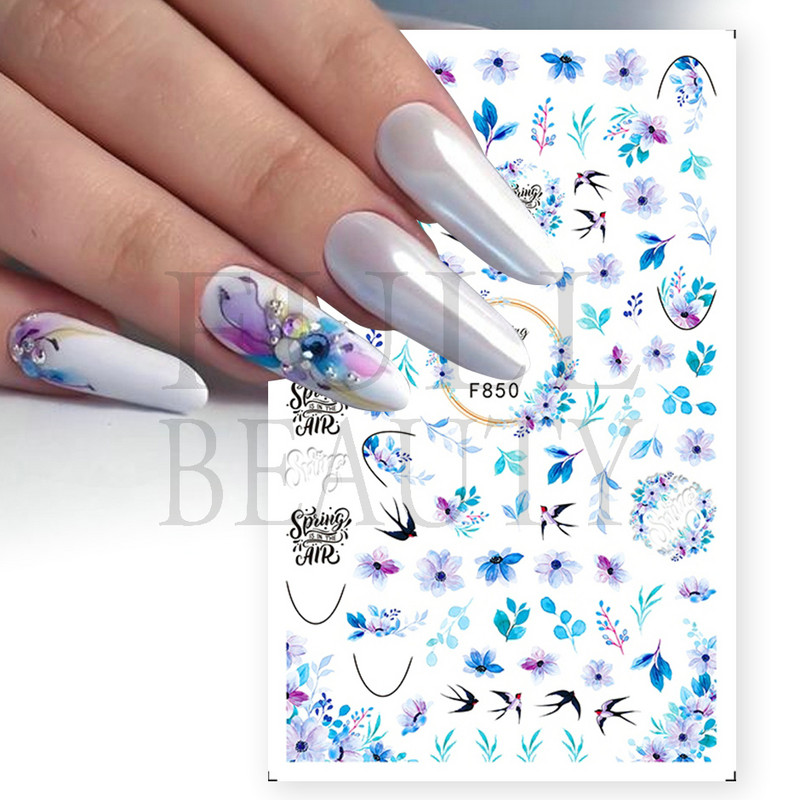 3D Nyári Virágok Körömlakk Matricák Geometrikus Kék Levelek Százszorszép Design Matricák Virágzó Sakura Dekoráció Barkács pakolások CHF844-853
