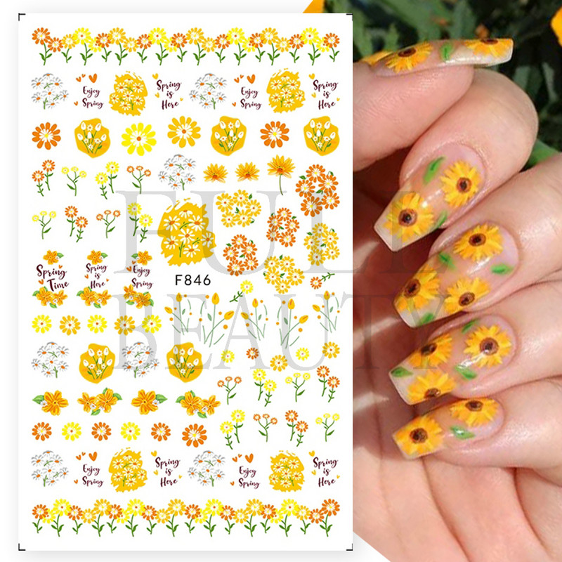 3D Nyári Virágok Körömlakk Matricák Geometrikus Kék Levelek Százszorszép Design Matricák Virágzó Sakura Dekoráció Barkács pakolások CHF844-853
