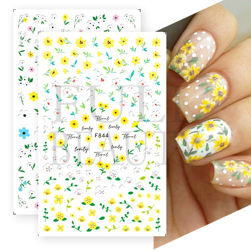 3D Nyári Virágok Körömlakk Matricák Geometrikus Kék Levelek Százszorszép Design Matricák Virágzó Sakura Dekoráció Barkács pakolások CHF844-853