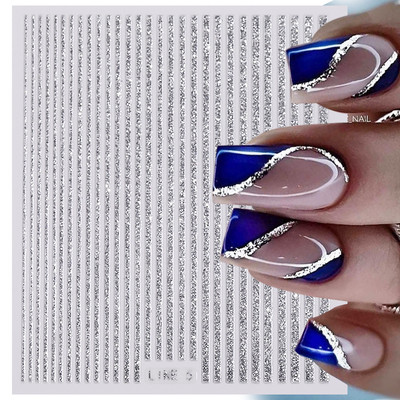Αυτοκόλλητα νυχιών με λωρίδες γαλλικής γραμμής 3D χρυσό ασημί μεταλλικές γραμμές Αυτοκόλλητα μεταφοράς νυχιών πολλαπλών μεγεθών λωρίδα κυματιστή διακόσμηση Συμβουλές για αυτοκόλλητα