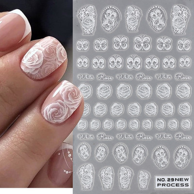 3D бели стикери за нокти Сватбен дизайн на ноктите на булката Роза Малки цветя Плъзгачи Елегантни дантелени стикери Гел лак Маникюр Татуировки NLNO