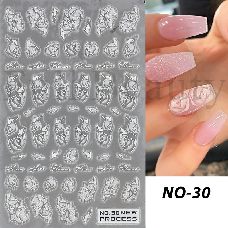 3D balti nagų lipdukai Vestuvių nuotakos nagų dizainas rožė Mažos gėlės Slankikliai Elegantiški nėrinių lipdukai Gelio lako manikiūro tatuiruotės NLNO