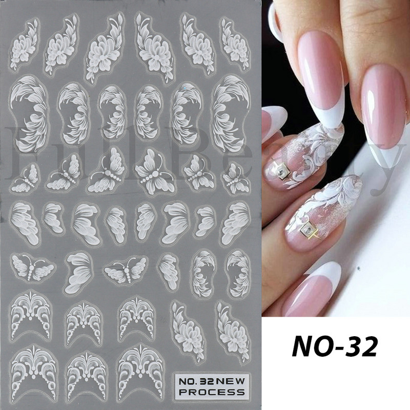 3D balti nagų lipdukai Vestuvių nuotakos nagų dizainas rožė Mažos gėlės Slankikliai Elegantiški nėrinių lipdukai Gelio lako manikiūro tatuiruotės NLNO