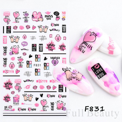 3D αυτοκόλλητα βερνίκι νυχιών Αγίου Βαλεντίνου Κόκκινο μαύρο λευκό χρυσό Love Heart Slider Γράμμα Rabbit Decal Nail Art Διακόσμηση Μανικιούρ NFTH