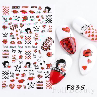 3D αυτοκόλλητα βερνίκι νυχιών Αγίου Βαλεντίνου Κόκκινο μαύρο λευκό χρυσό Love Heart Slider Γράμμα Rabbit Decal Nail Art Διακόσμηση Μανικιούρ NFTH