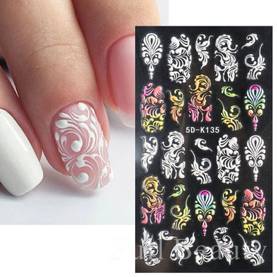 5D kameeleonpitsist küünekleebis valge lainemustriga kunst Reljeefne graveeritud kleebis Isekleepuv liugur maniküüri kaunistus LA5D-K135