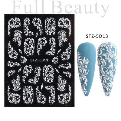 5D kameeleonpitsist küünekleebis valge lainemustriga kunst Reljeefne graveeritud kleebis Isekleepuv liugur maniküüri kaunistus LA5D-K135