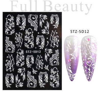 5D kameeleonpitsist küünekleebis valge lainemustriga kunst Reljeefne graveeritud kleebis Isekleepuv liugur maniküüri kaunistus LA5D-K135