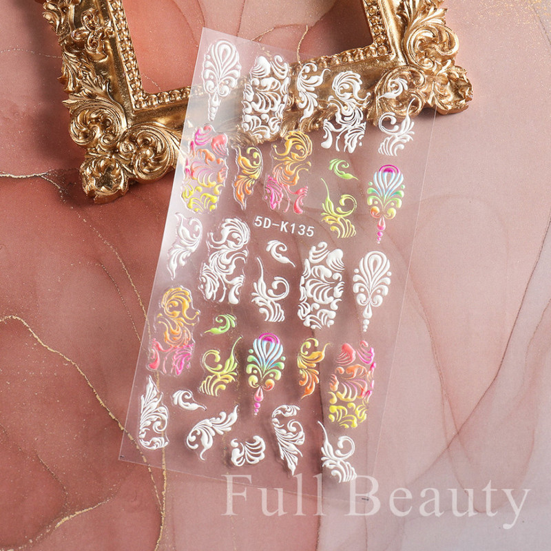 5D kameeleonpitsist küünekleebis valge lainemustriga kunst Reljeefne graveeritud kleebis Isekleepuv liugur maniküüri kaunistus LA5D-K135