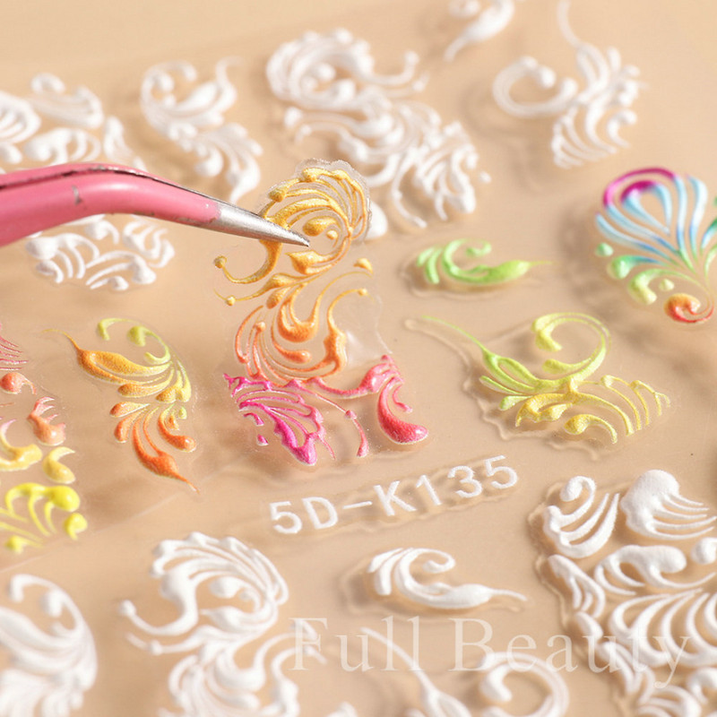 5D kameeleonpitsist küünekleebis valge lainemustriga kunst Reljeefne graveeritud kleebis Isekleepuv liugur maniküüri kaunistus LA5D-K135