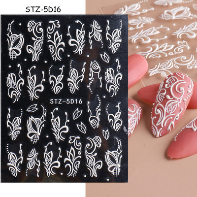 5D αυτοκόλλητα νυχιών Λευκά γαλλικά tips Δαντέλα Σχέδιο νυχιών γάμου Λουλούδι ακρυλικά ανάγλυφα συρόμενα DIY Μανικιούρ Μονόγραμμα Decal FBSTZ-5D