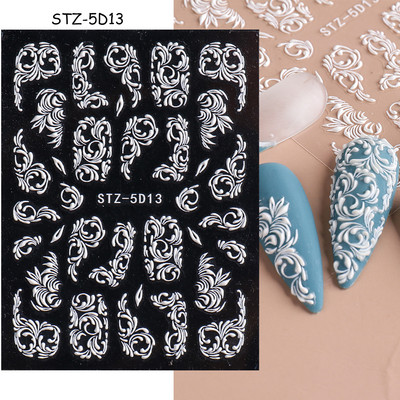5D αυτοκόλλητα νυχιών Λευκά γαλλικά tips Δαντέλα Σχέδιο νυχιών γάμου Λουλούδι ακρυλικά ανάγλυφα συρόμενα DIY Μανικιούρ Μονόγραμμα Decal FBSTZ-5D