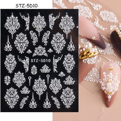 5D αυτοκόλλητα νυχιών Λευκά γαλλικά tips Δαντέλα Σχέδιο νυχιών γάμου Λουλούδι ακρυλικά ανάγλυφα συρόμενα DIY Μανικιούρ Μονόγραμμα Decal FBSTZ-5D