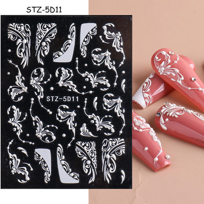 5D αυτοκόλλητα νυχιών Λευκά γαλλικά tips Δαντέλα Σχέδιο νυχιών γάμου Λουλούδι ακρυλικά ανάγλυφα συρόμενα DIY Μανικιούρ Μονόγραμμα Decal FBSTZ-5D