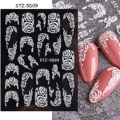 5D αυτοκόλλητα νυχιών Λευκά γαλλικά tips Δαντέλα Σχέδιο νυχιών γάμου Λουλούδι ακρυλικά ανάγλυφα συρόμενα DIY Μανικιούρ Μονόγραμμα Decal FBSTZ-5D