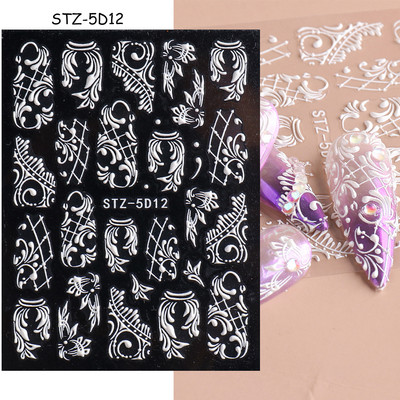 5D αυτοκόλλητα νυχιών Λευκά γαλλικά tips Δαντέλα Σχέδιο νυχιών γάμου Λουλούδι ακρυλικά ανάγλυφα συρόμενα DIY Μανικιούρ Μονόγραμμα Decal FBSTZ-5D