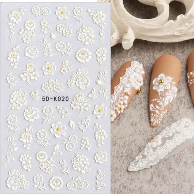 5D αυτοκόλλητα νυχιών Λευκά γαλλικά tips Δαντέλα Σχέδιο νυχιών γάμου Λουλούδι ακρυλικά ανάγλυφα συρόμενα DIY Μανικιούρ Μονόγραμμα Decal FBSTZ-5D