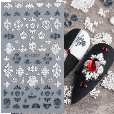 5D αυτοκόλλητα νυχιών Λευκά γαλλικά tips Δαντέλα Σχέδιο νυχιών γάμου Λουλούδι ακρυλικά ανάγλυφα συρόμενα DIY Μανικιούρ Μονόγραμμα Decal FBSTZ-5D