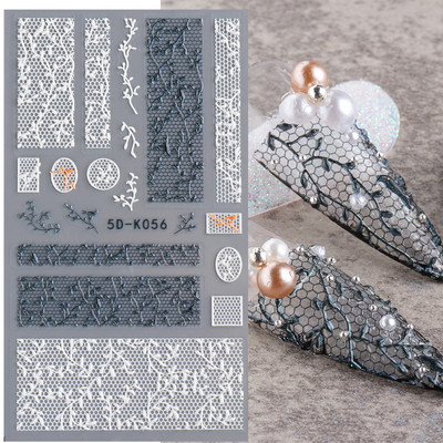 5D αυτοκόλλητα νυχιών Λευκά γαλλικά tips Δαντέλα Σχέδιο νυχιών γάμου Λουλούδι ακρυλικά ανάγλυφα συρόμενα DIY Μανικιούρ Μονόγραμμα Decal FBSTZ-5D