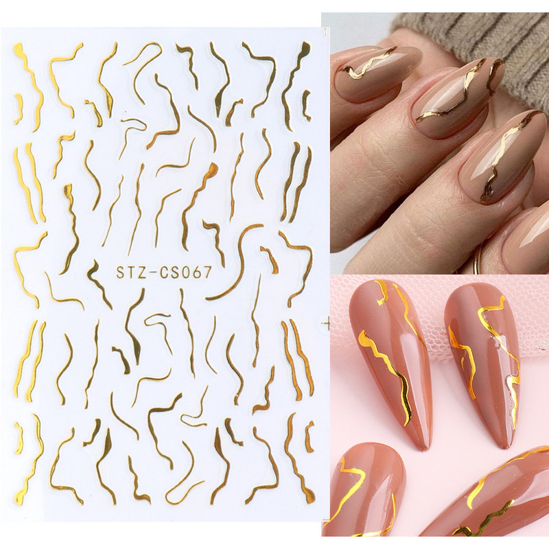 3D küünekleebised liugurid keerlevad lainejooned triip Graafika roosa valge kuld Prantsuse näpunäited küünekleebised fooliumid 5D maniküür TRSTZCS070