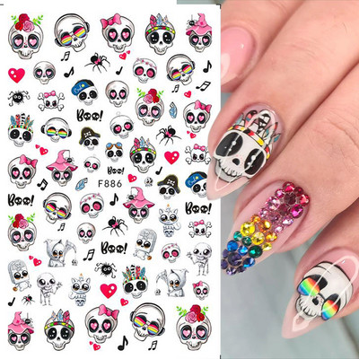 Autocolante drăguțe pentru unghii cu craniu de desene animate Decorare înfricoșătoare de Halloween Ghost Liliac Evil Dovleac Glisoare pentru manichiură Blood Nail Decal GLF886