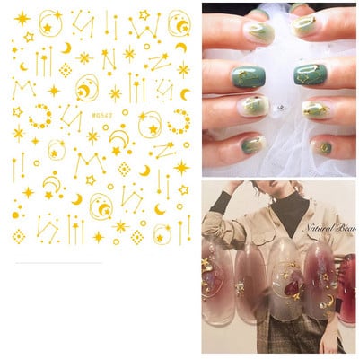 Fényes Gold Star Moon Sun körömmatricák manikűr kiegészítőkhöz Szívtoll Állatok Nyomtatás Öntapadó körömpakolás