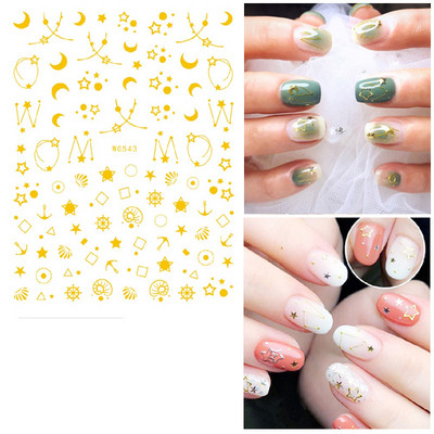 Fényes Gold Star Moon Sun körömmatricák manikűr kiegészítőkhöz Szívtoll Állatok Nyomtatás Öntapadó körömpakolás