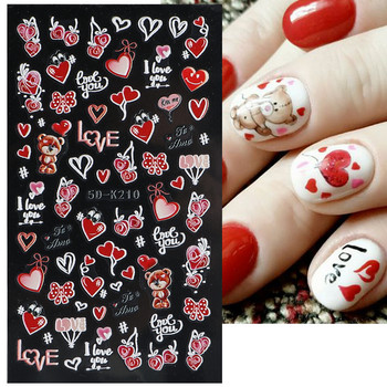 5D Cute Bear Heart Cartoon αυτοκόλλητα νυχιών Red Heart Lover Σχέδιο Valentine Manicure Charms Sliders Decals Nail Art Διακόσμηση