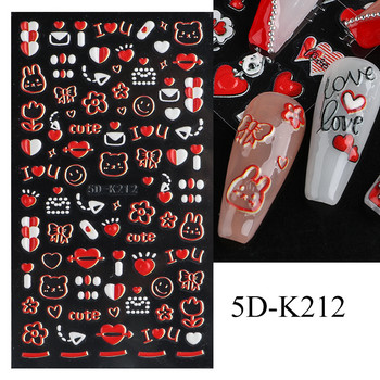 5D Cute Bear Heart Cartoon αυτοκόλλητα νυχιών Red Heart Lover Σχέδιο Valentine Manicure Charms Sliders Decals Nail Art Διακόσμηση