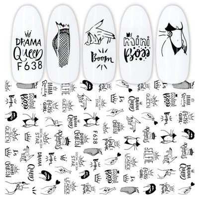 1 τεμ 3D αυτοκόλλητα νυχιών Μαύρη καρδιά αγάπης αυτοκόλλητο συρόμενο γράμματα Διακοσμητικά νυχιών Αστέρια Χαλκομανίες Αξεσουάρ μανικιούρ