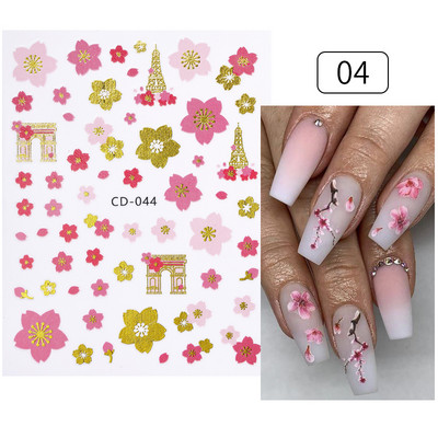 Harunouta Розови цветя 3DN Стикери за нокти Бяло цвете Зелен лист Геометрична линия Златни бронзиращи плъзгачи Пролетна флорална декорация за нокти