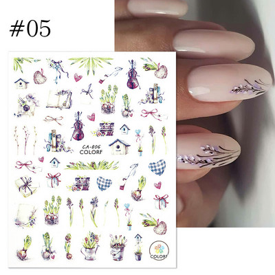 Harunouta Розови цветя 3DN Стикери за нокти Бяло цвете Зелен лист Геометрична линия Златни бронзиращи плъзгачи Пролетна флорална декорация за нокти