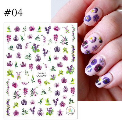 Harunouta Розови цветя 3DN Стикери за нокти Бяло цвете Зелен лист Геометрична линия Златни бронзиращи плъзгачи Пролетна флорална декорация за нокти